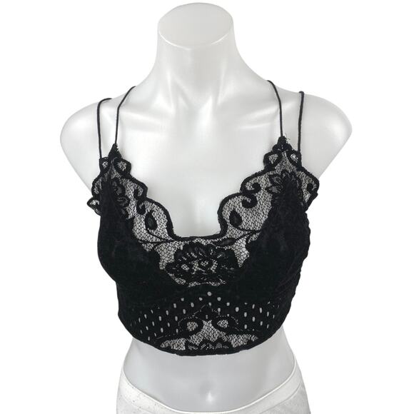 Free People Madonna Black Velvet Floral Lace Strappy Cami Bralette Top Size M - Picture 2 of 5